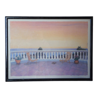 Pastel painting terrace by the sea