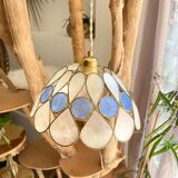 Capiz mother-of-pearl and vintage two-tone brass pendant light in Art Deco style