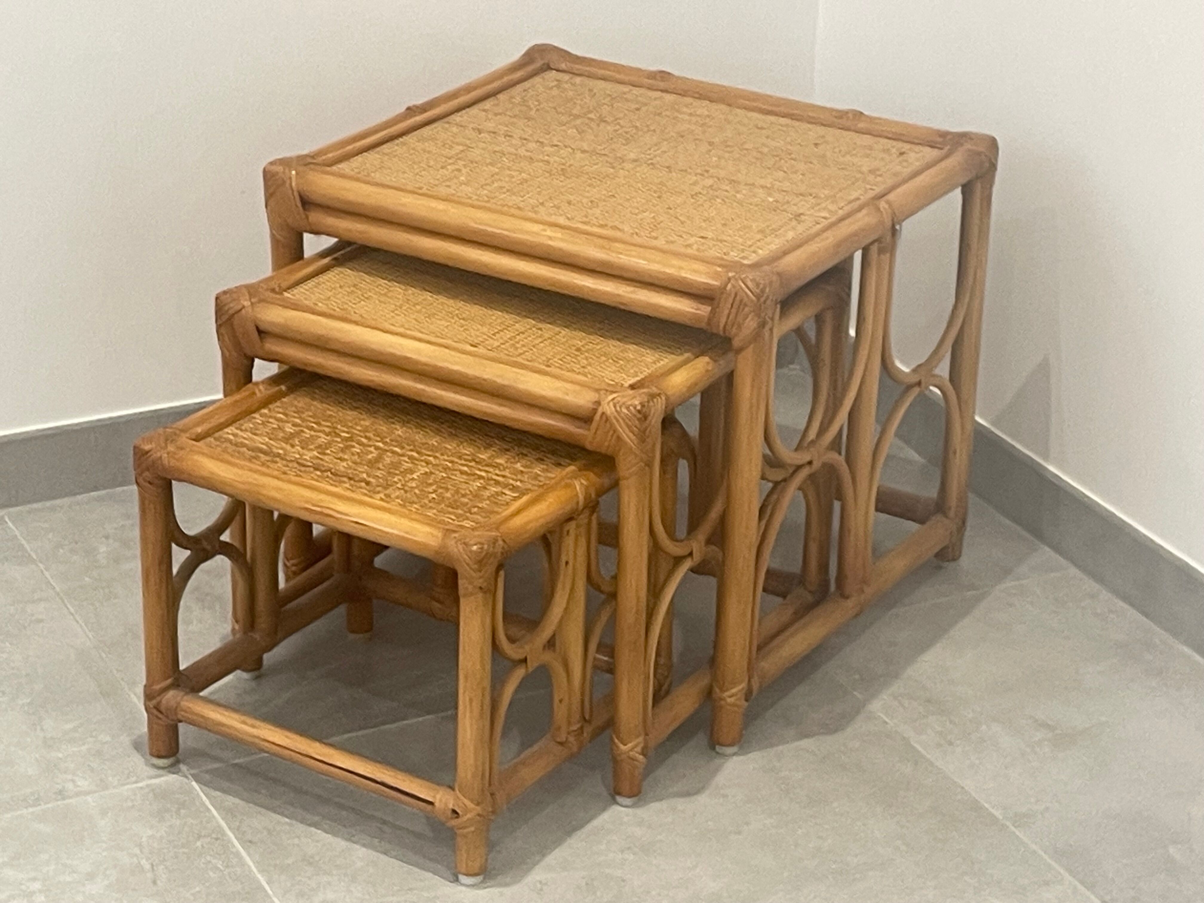 3 tables gigognes rotin bambou et osier tressé