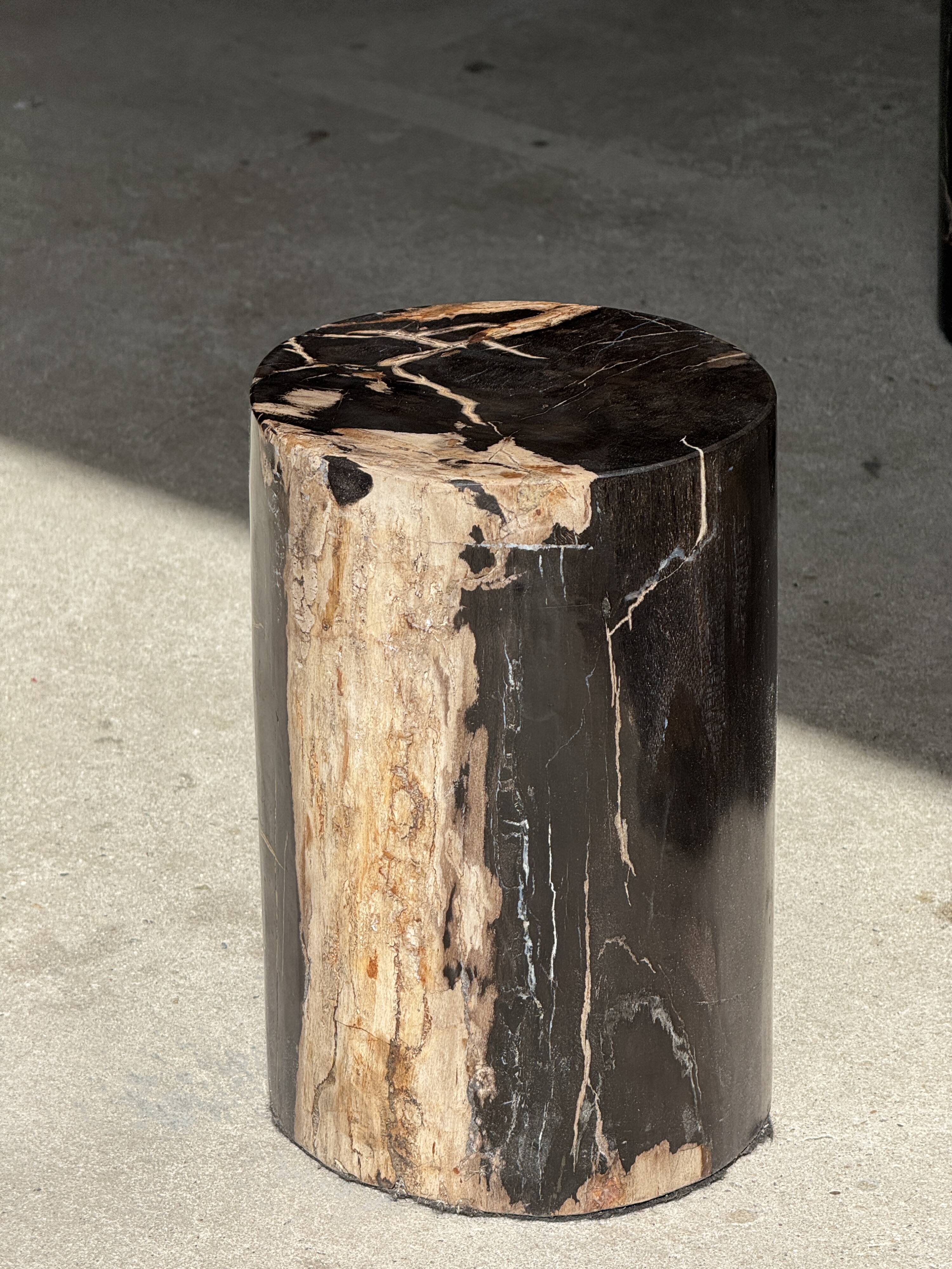 Small side table in black petrified wood with stripes and beige sides H28 D18.