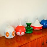 Suspension in white opaline with orange and blue geometric patterns Design 1970