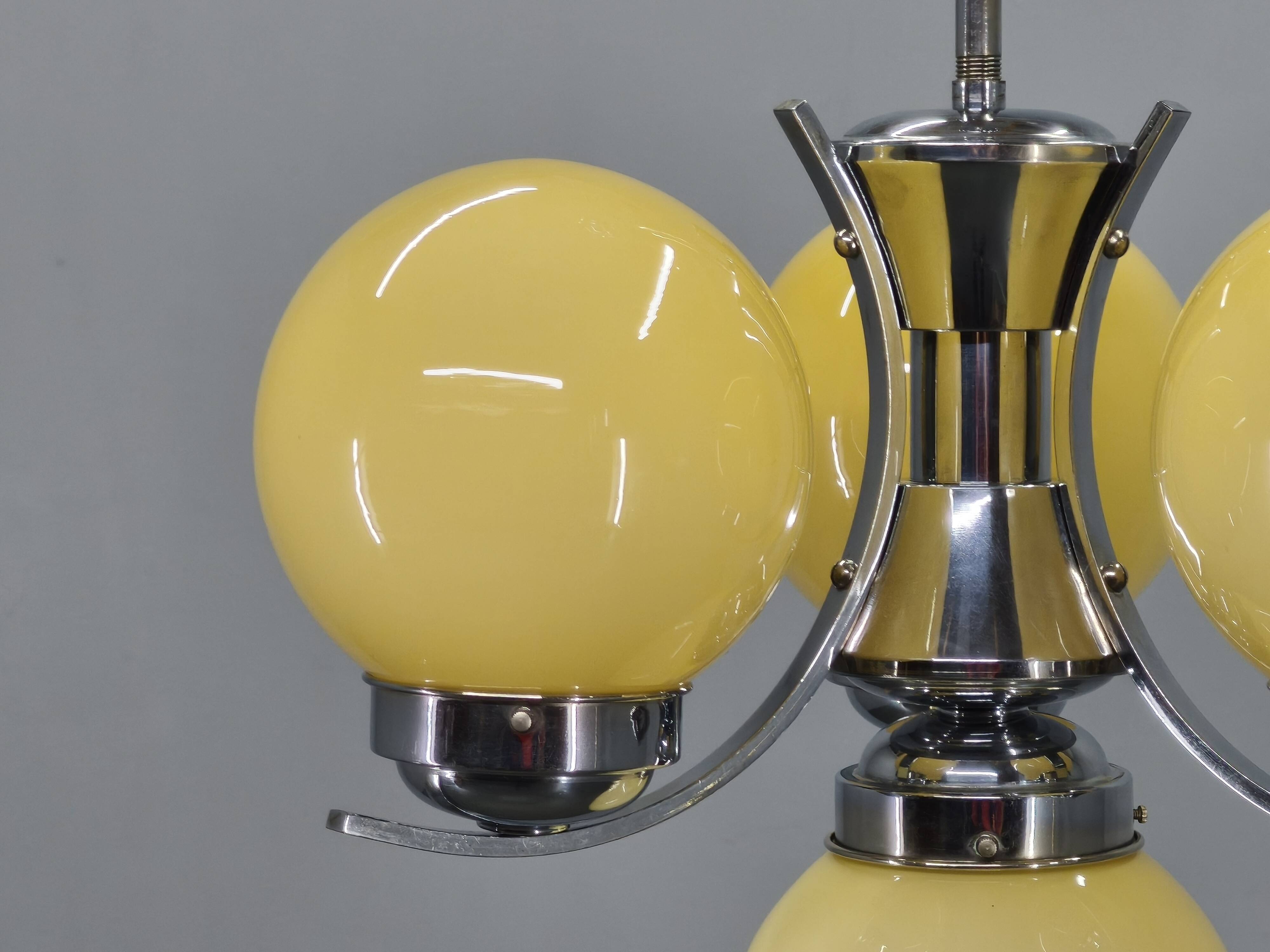 Art Deco Chrome and Opaline Glass Chandelier, Czechoslovakia