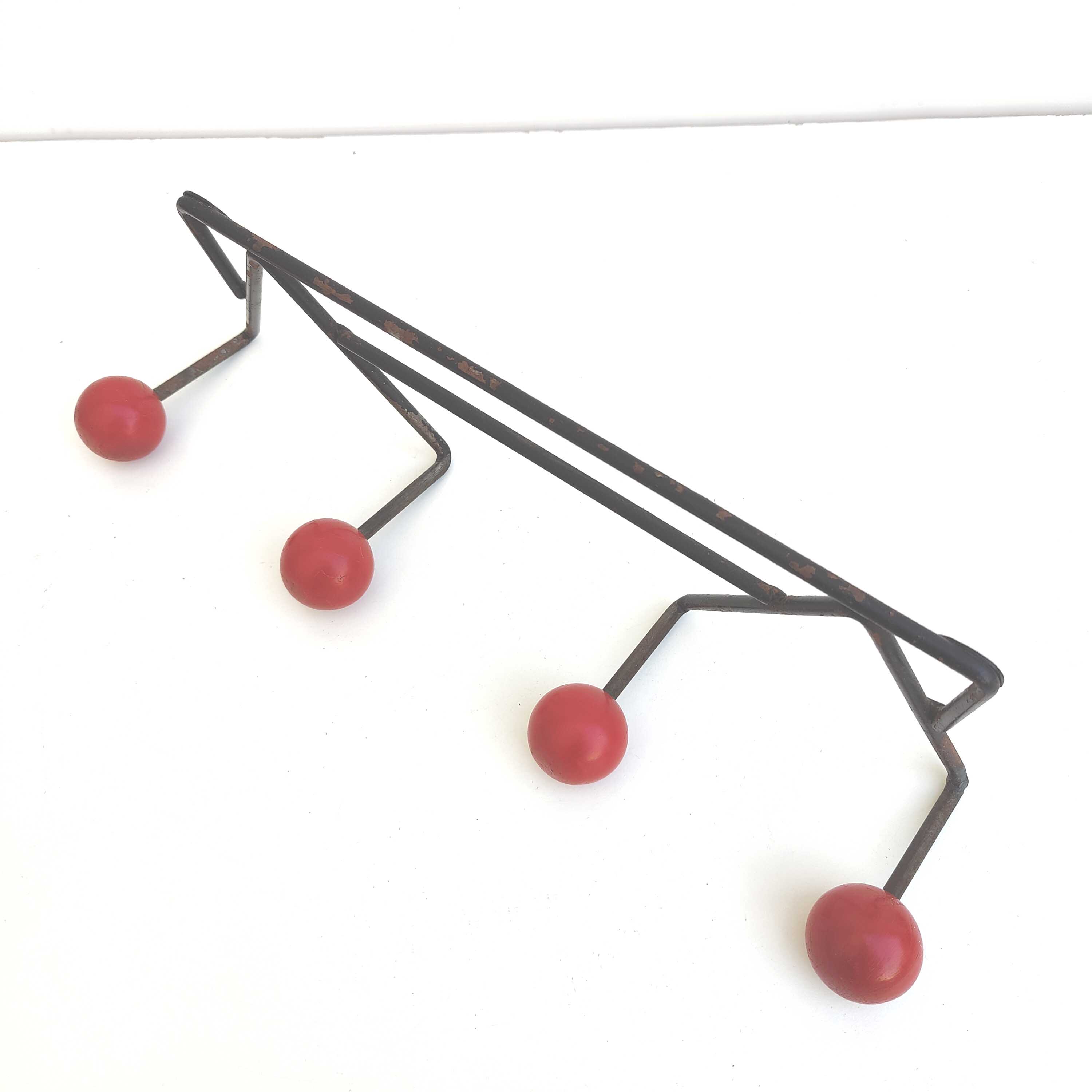 Coat rack Zig-Zag hooks balls red wood