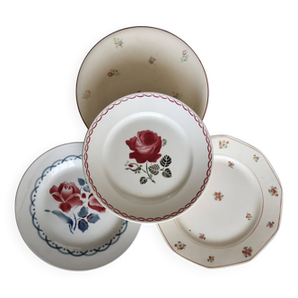 4 assiettes plates vintage dépareillées motif fleuri - Lot Rosa
