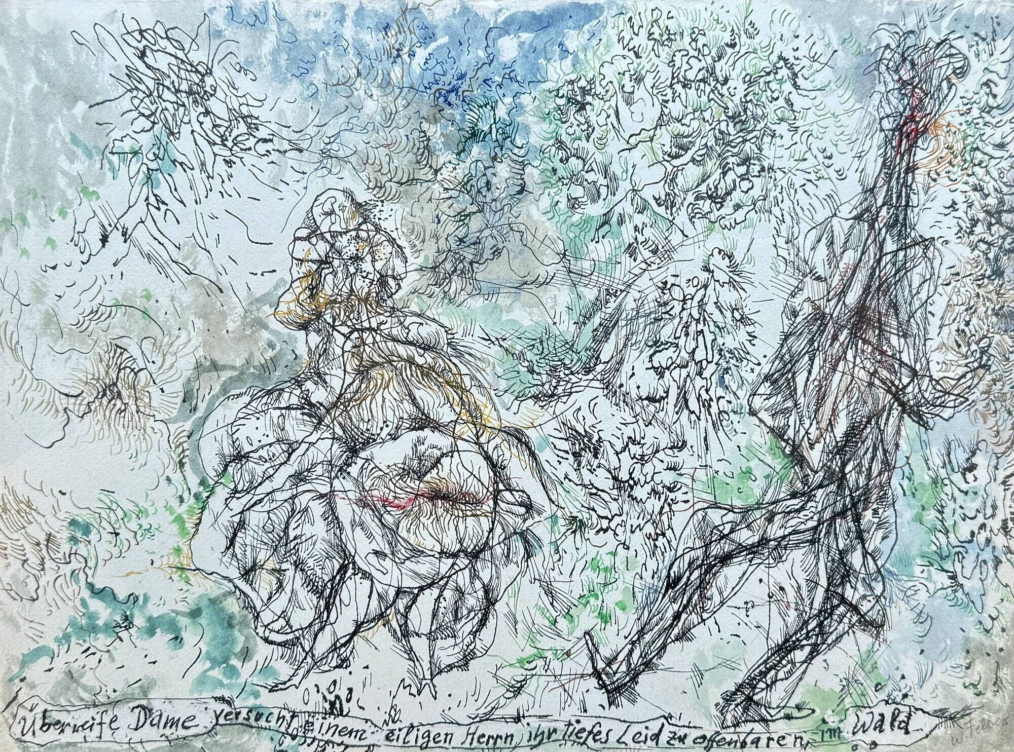 Wolfgang Felber – Figurative Drawing, Ink, Double Glass Frame