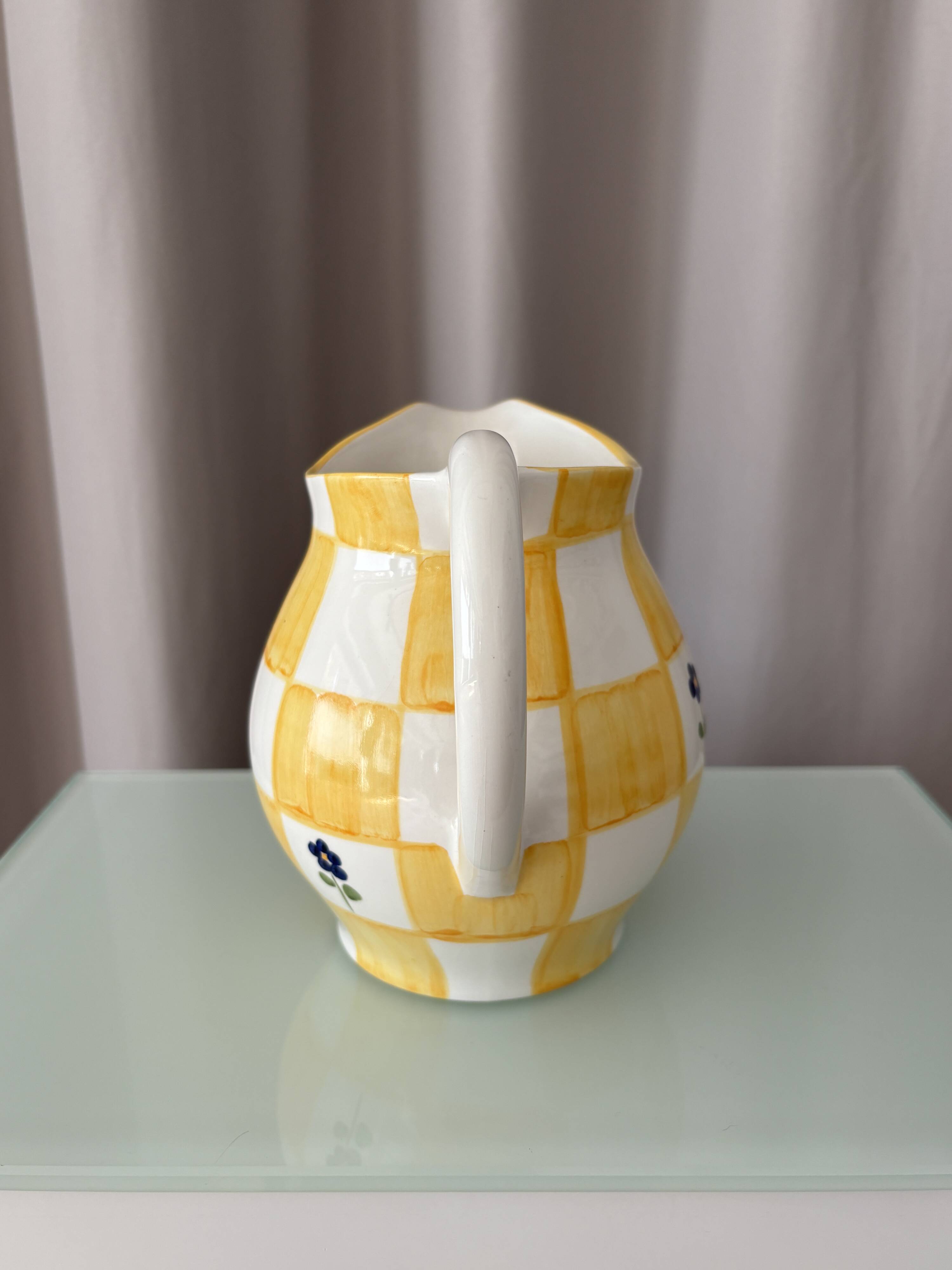 Cottagecore hand-painted ceramic jug – yellow check & blue flowers