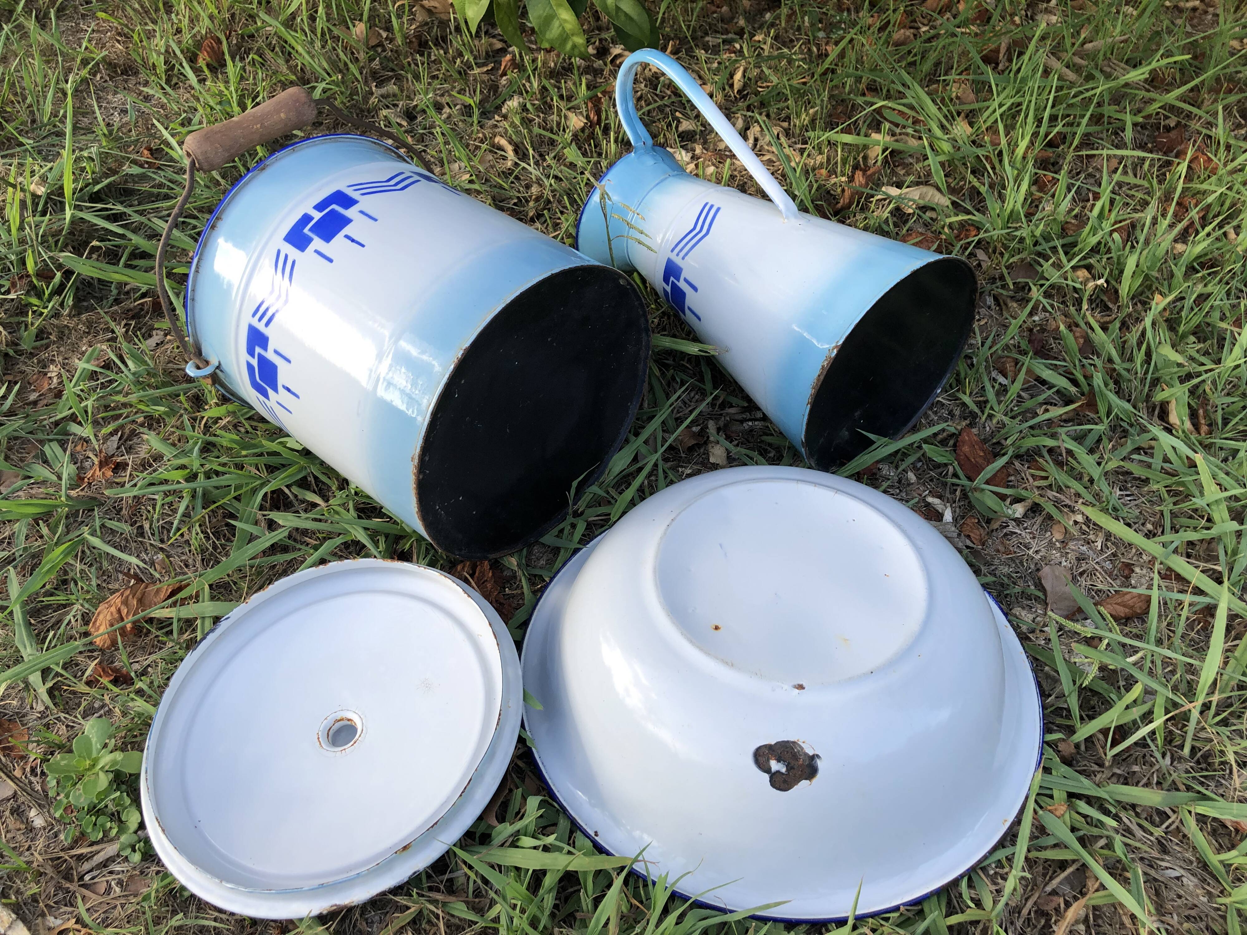Enamelled jug, bowl and bucket