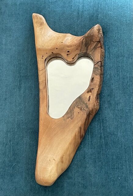Brutalist mirror made of olive wood