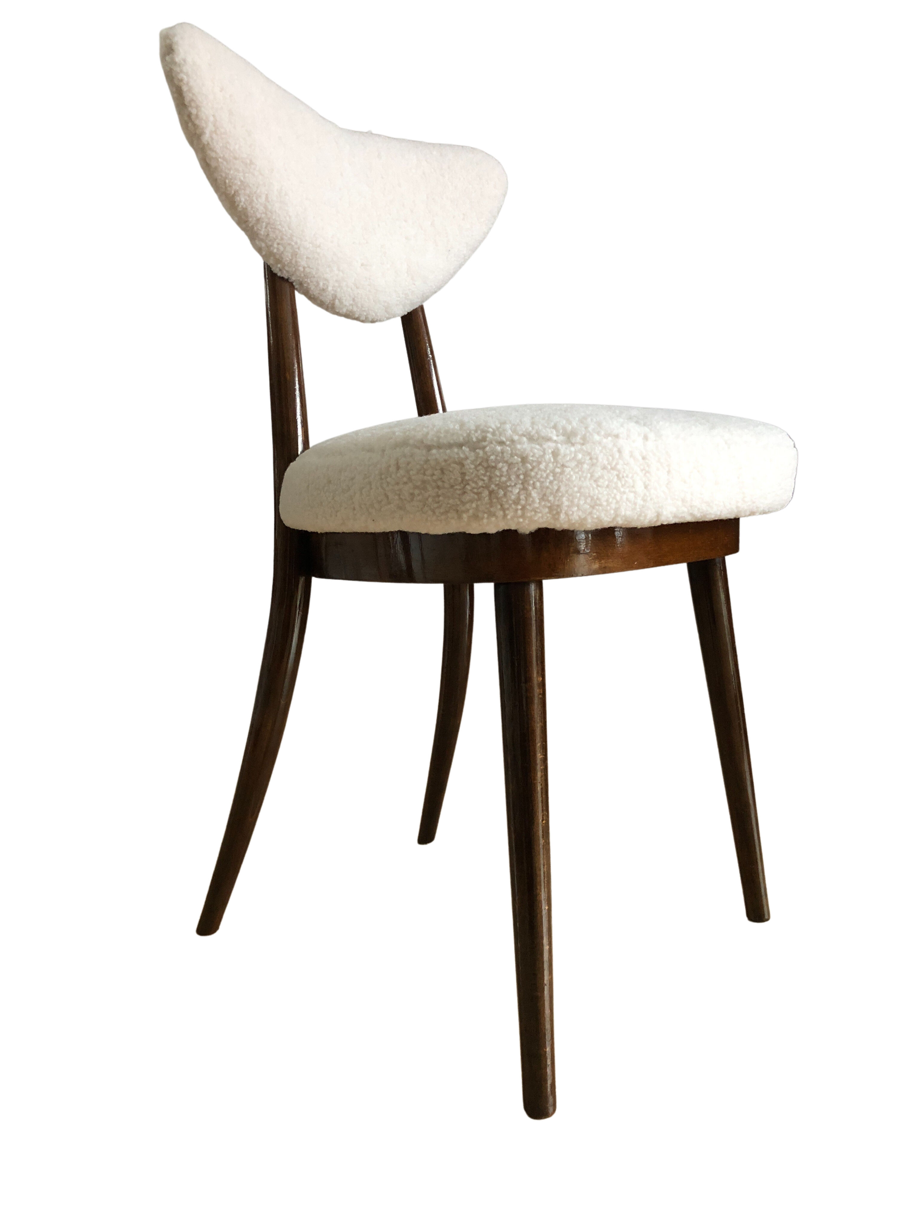 Midcentury White bouclé Heart Chairs, by Kurmanowicz, 1960s, Set of 6