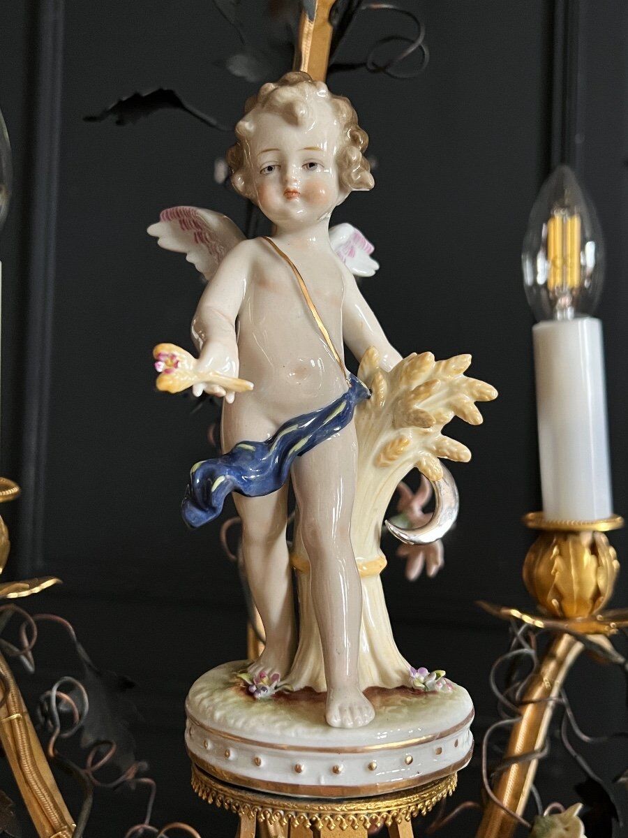 Napoleon III period cage chandelier in bronze and porcelain