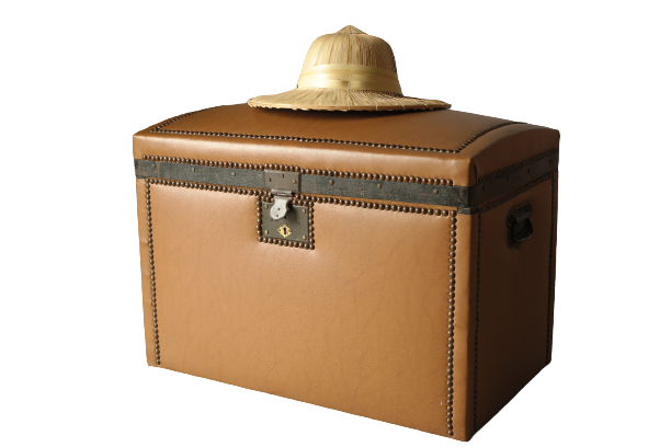 Antique curved trunk in wood and brown imitation leather