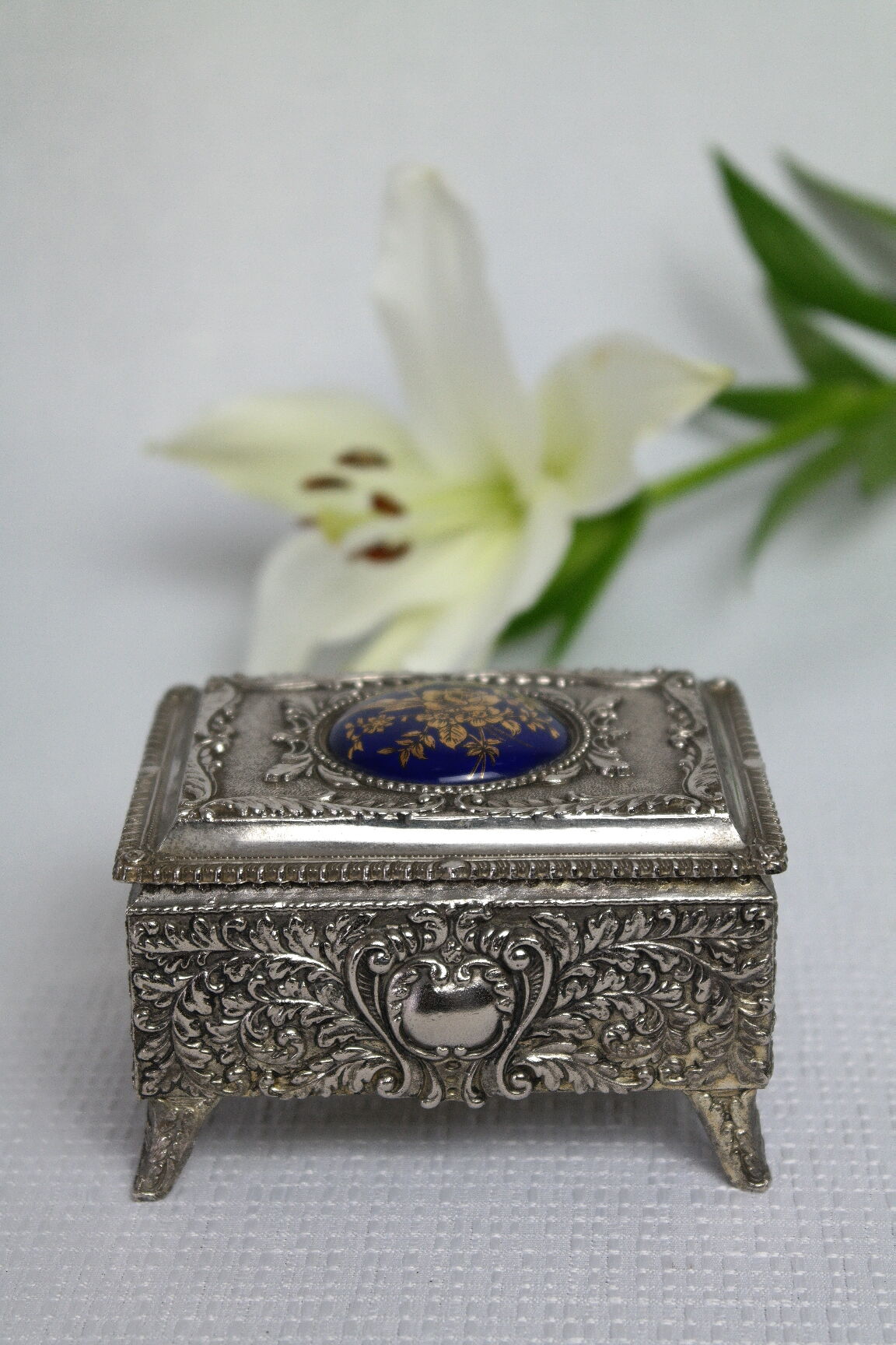 Vintage Silver Metal Jewelry Box Japan