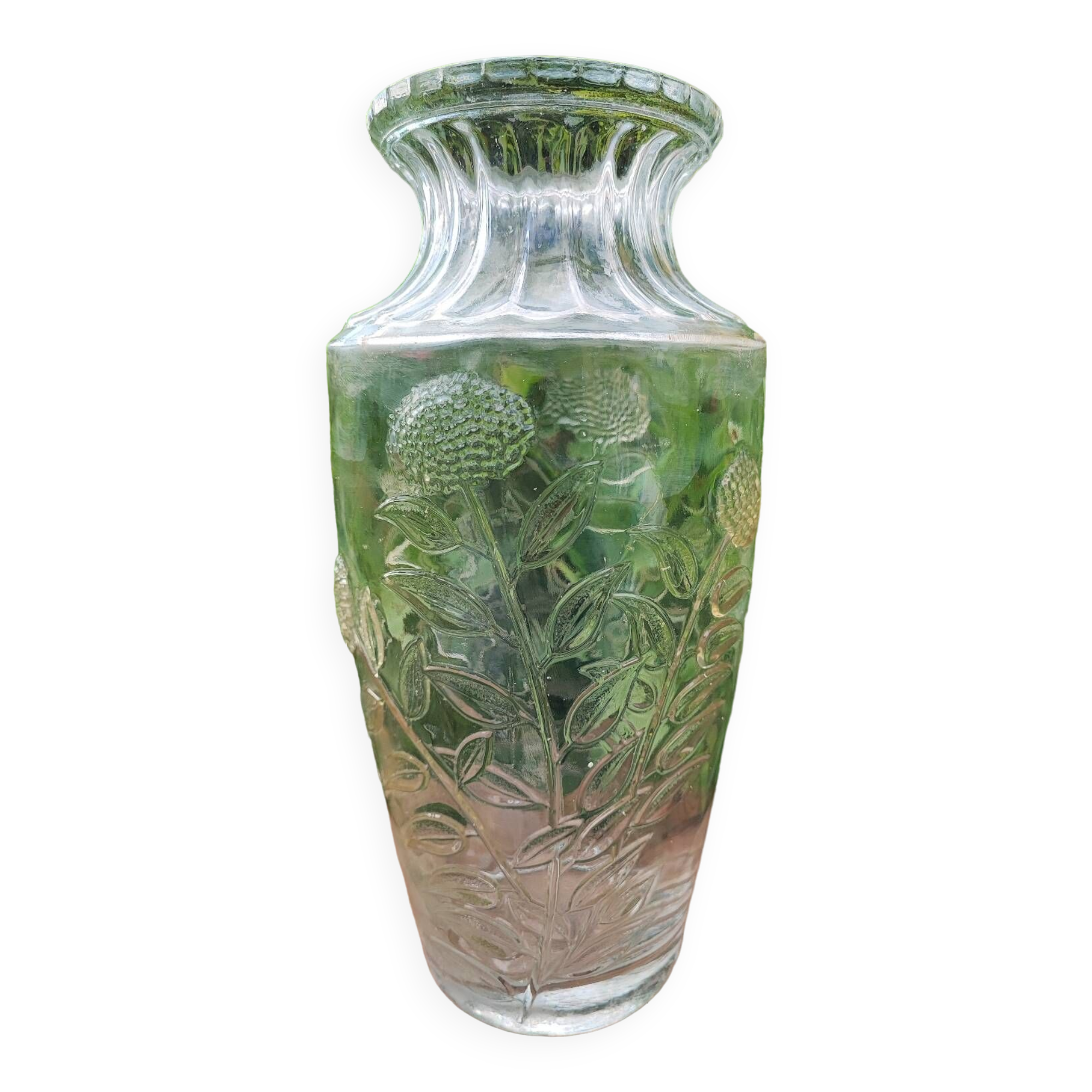 Old large molded glass vase with thistle decoration