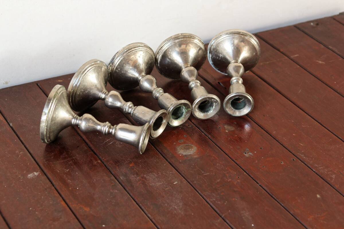 Set of 5 silver metal candle holders