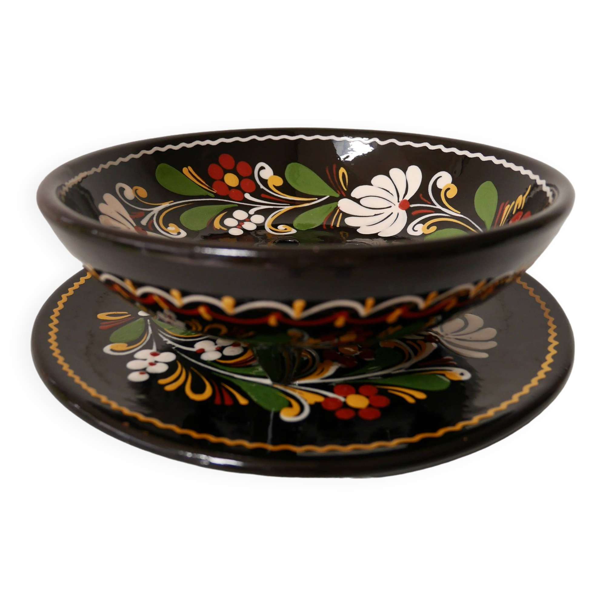 Drainer with plate, black varnished stoneware, popular art