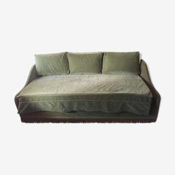 Banquette lit en velours vert années 60