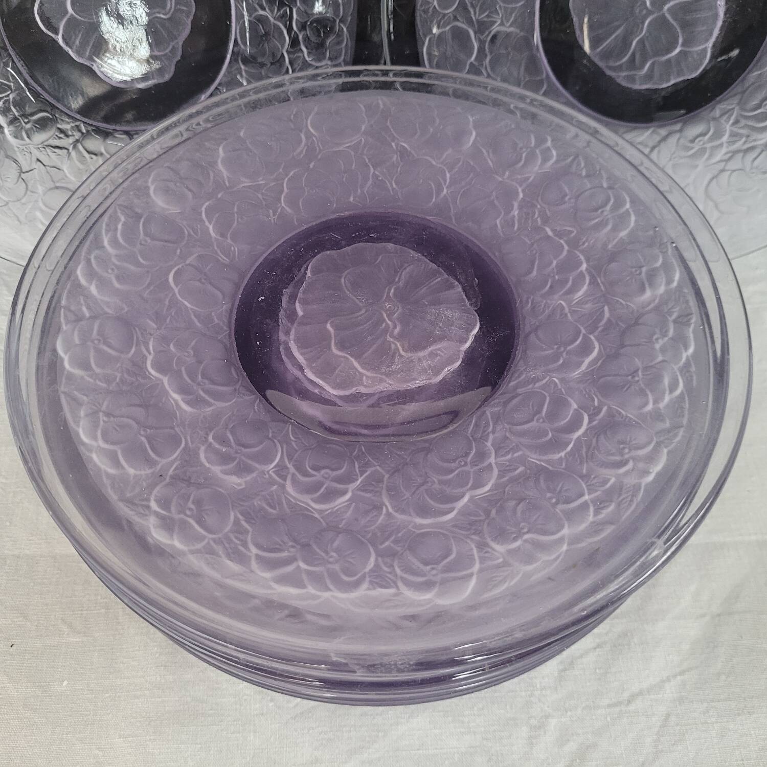 Moulded glass dessert plates – floral pattern – 1930s–1950s