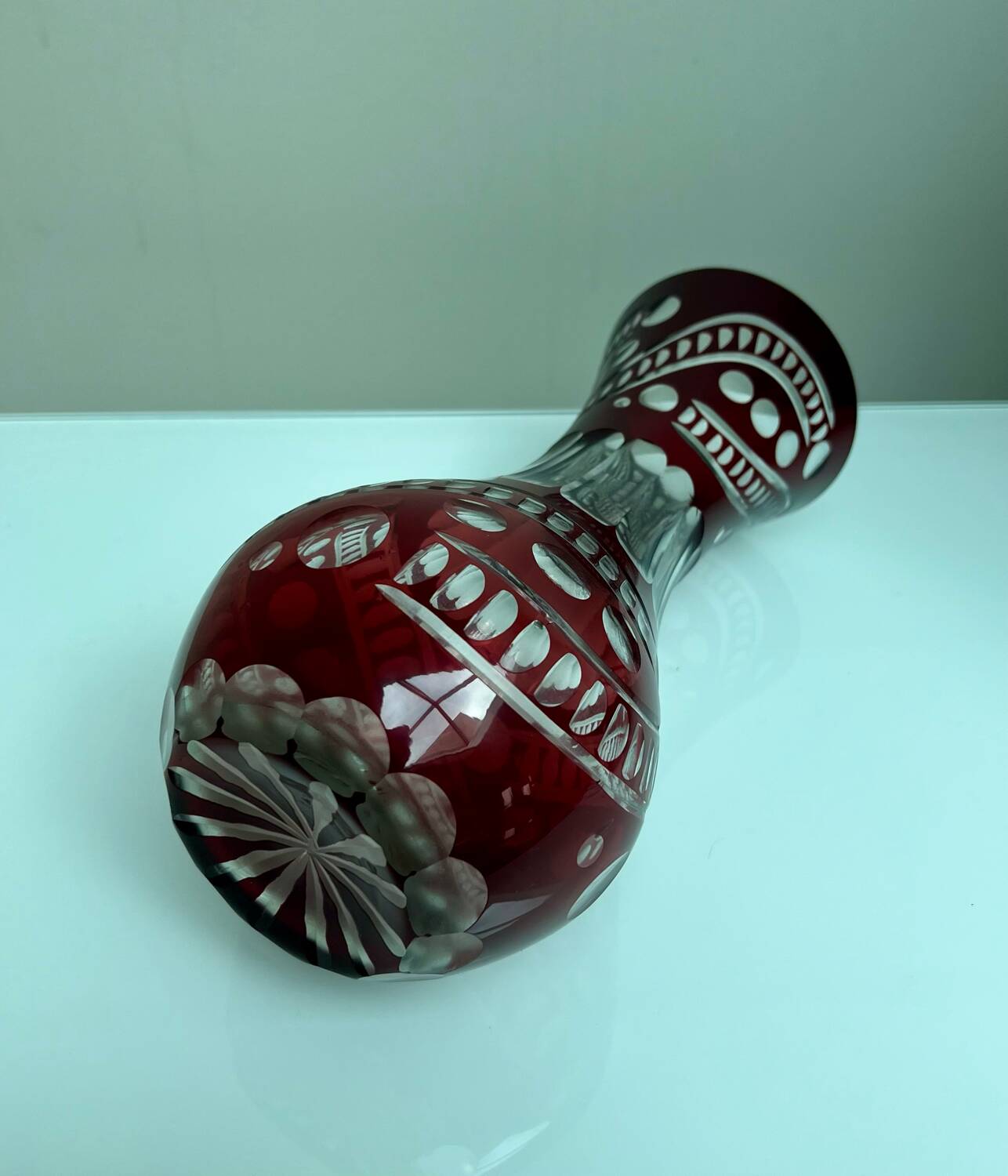 Bohemian crystal vase in ruby red color