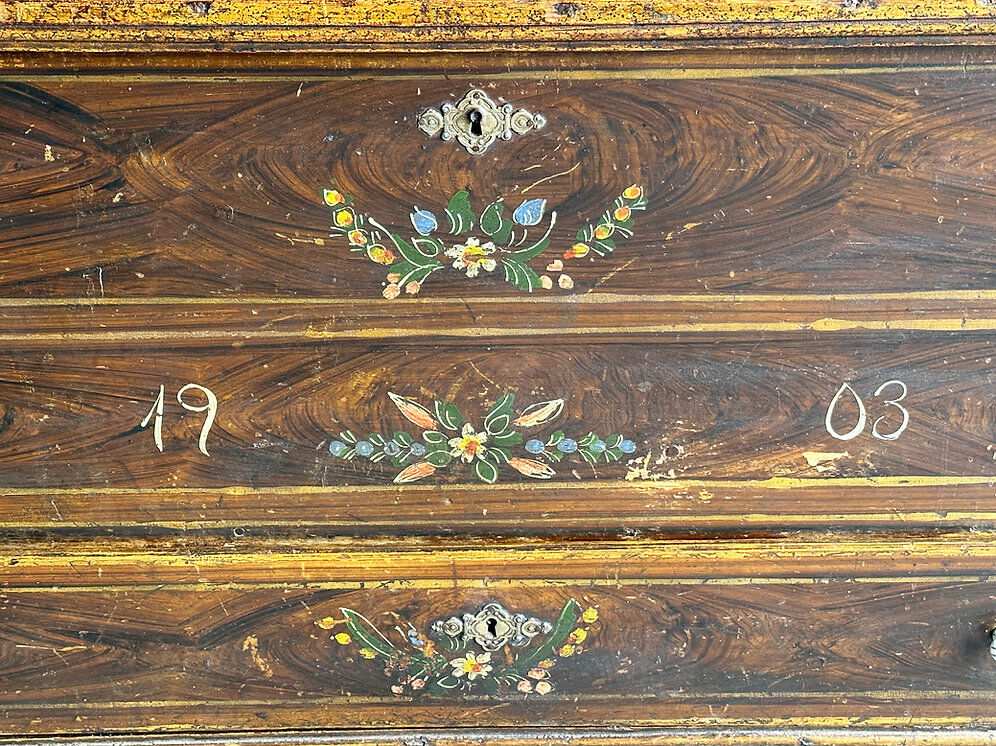 Antique 1903 French wedding chest trunk coffer, 1903 France.