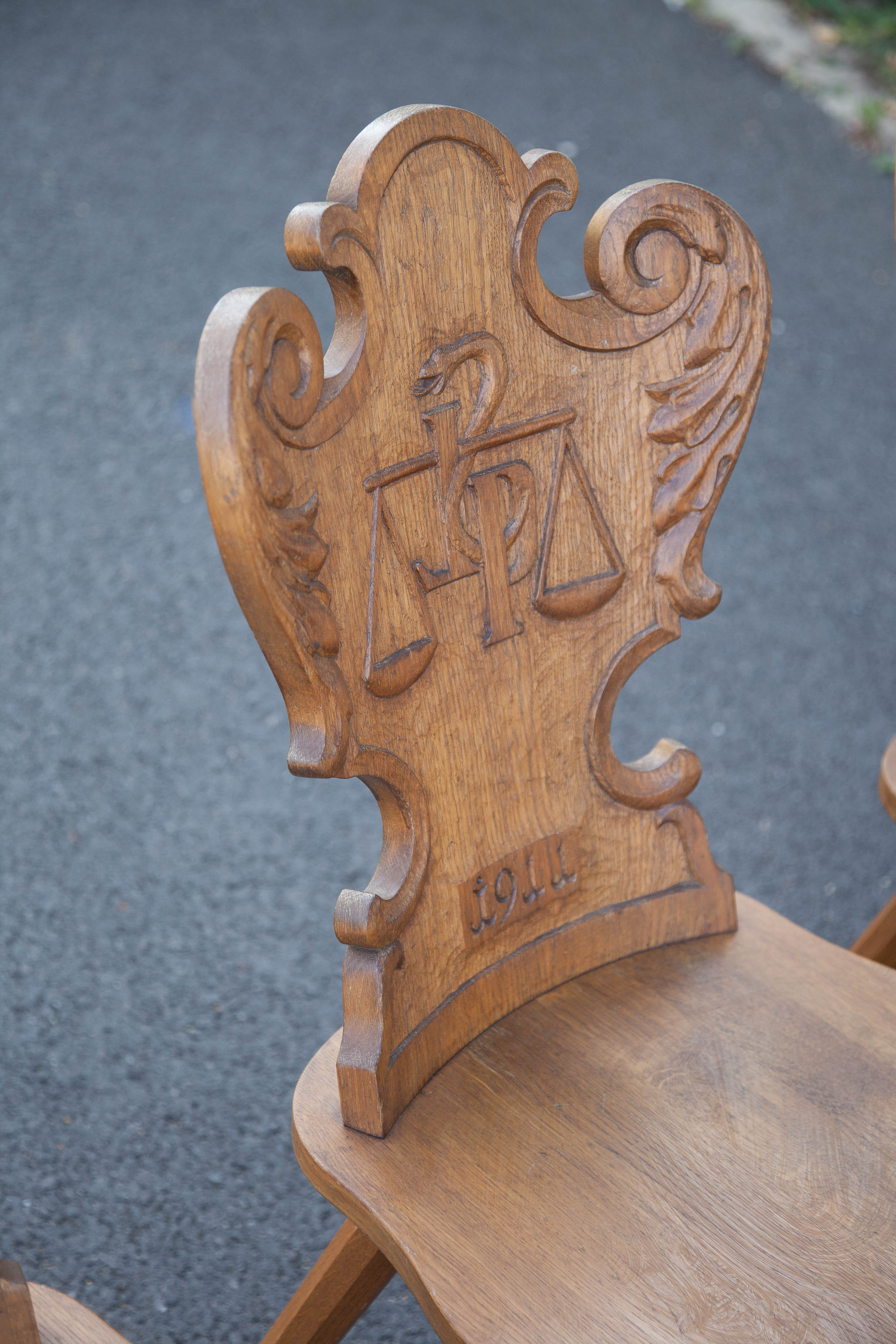 Set of 4 carved wooden stepladder chairs, pharmacy, brutalist, mountain style