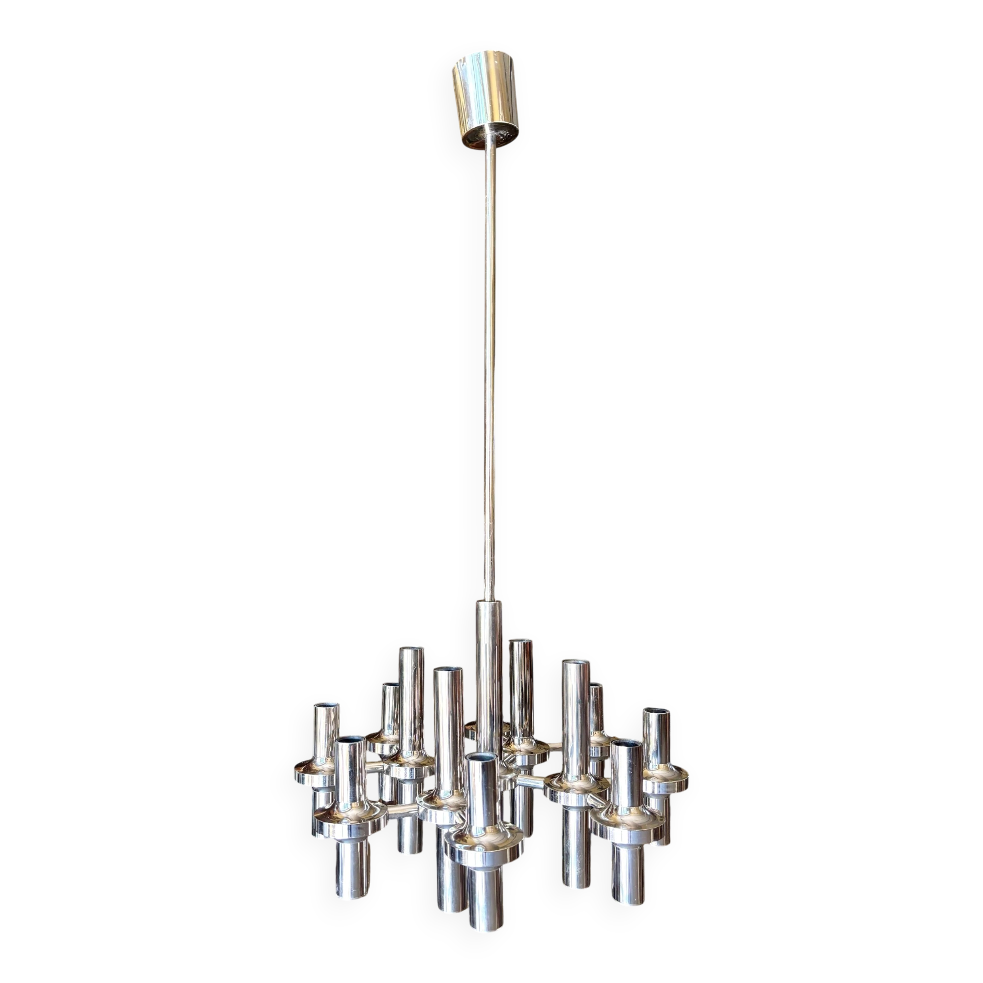 Chandelier with 12 lights in chrome metal attributed to Gaetano Sciolari for Staff Leuchten, 1970.
