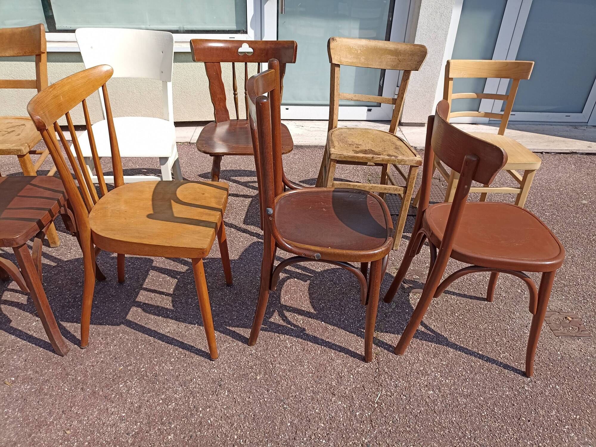 Set of 18 mismatched wooden bistro chairs - vintage