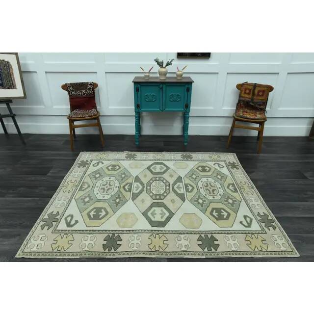 1970s vintage Turkish Oushak handmade wool cotton green area rug 164x207