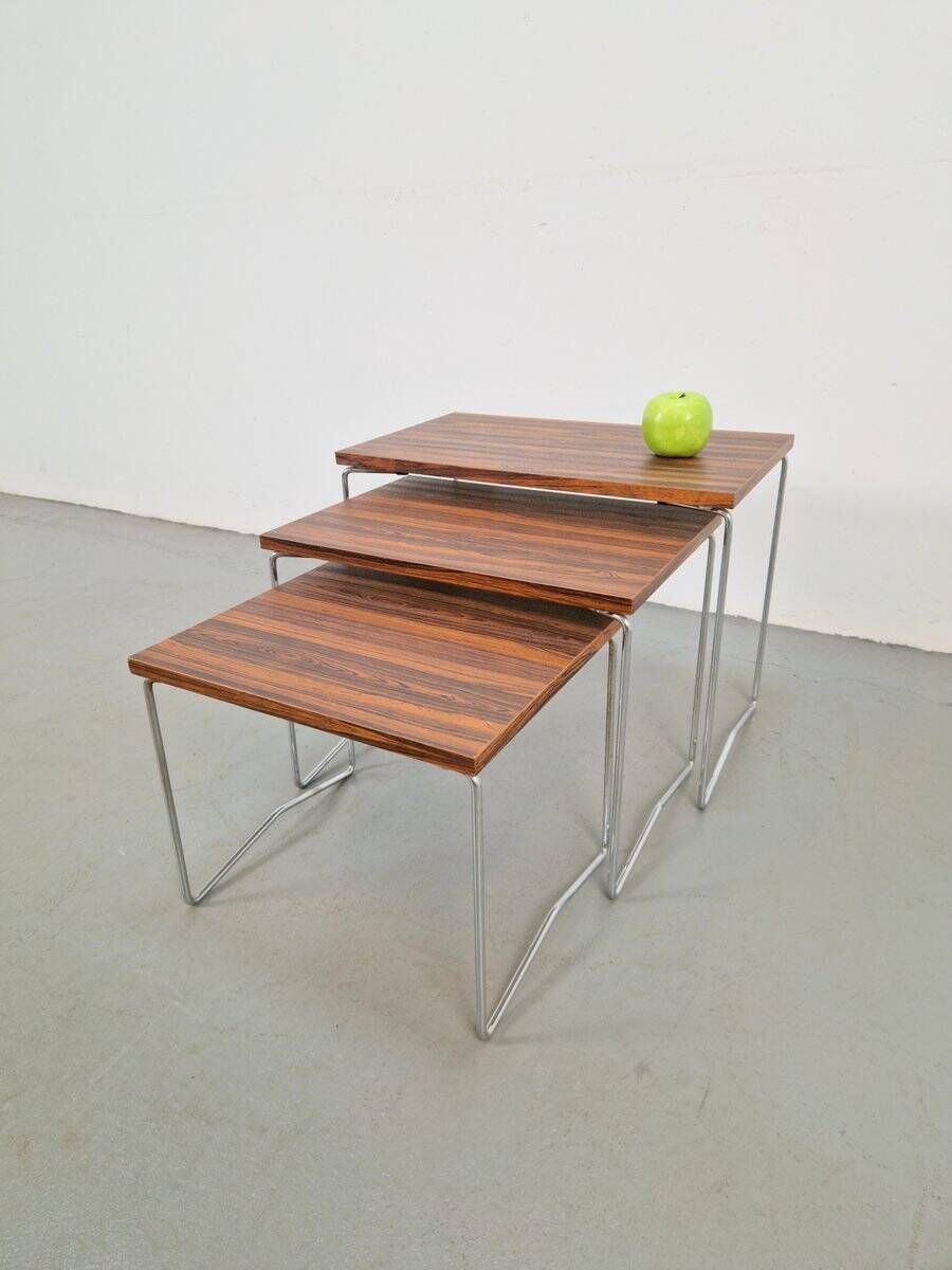 Tables gigognes en chrome et bois de Brabantia, années 1970, ensemble de 3