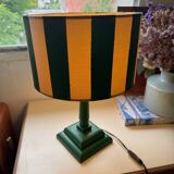 Pair of wooden bedside lamps with striped lampshades