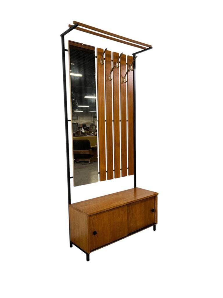 Vintage wooden coat rack with mirror