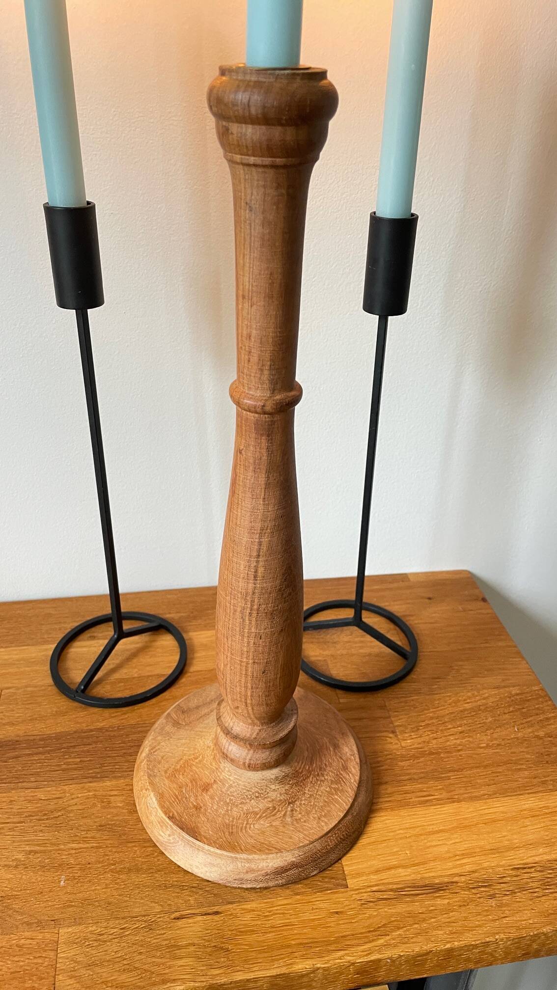 Trio of Vintage Teak and Steel Candlesticks