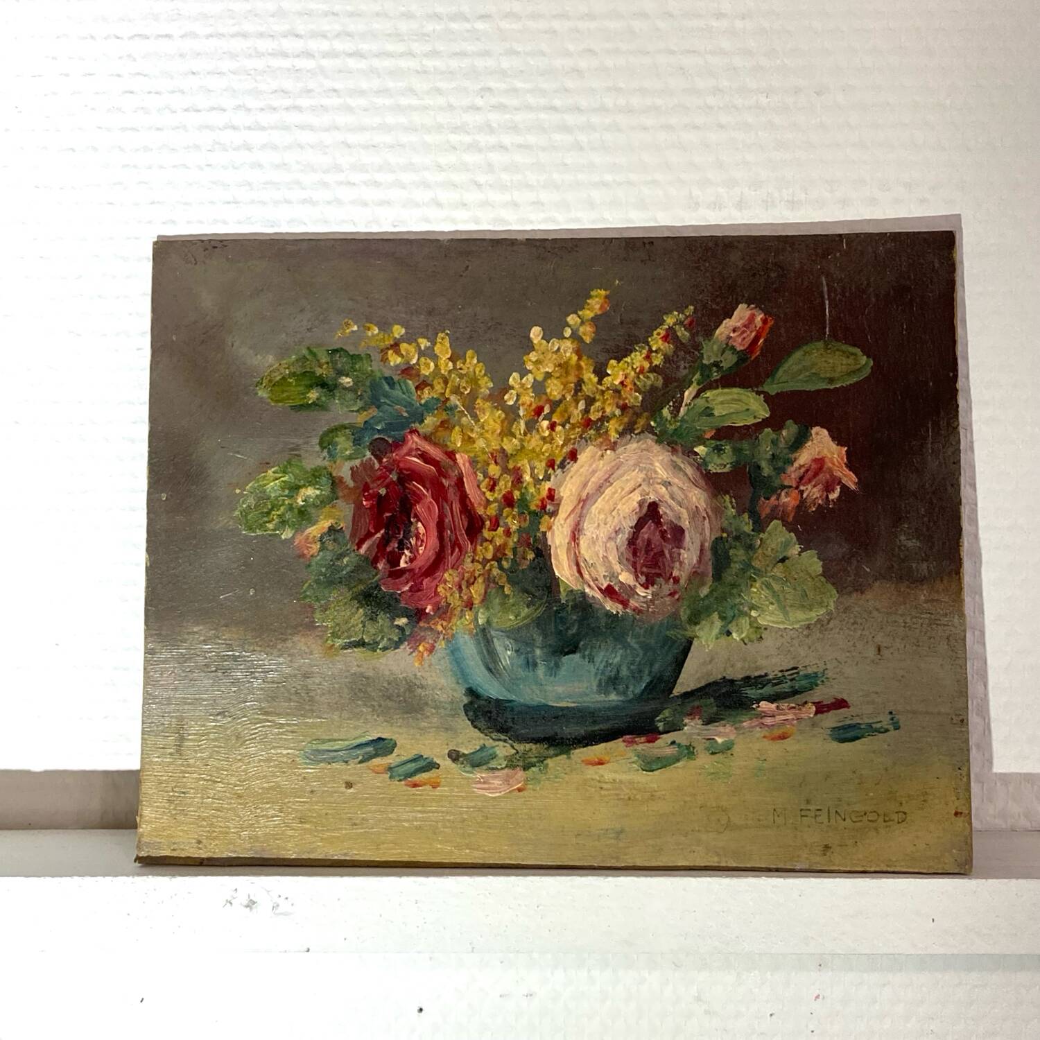 Petite huile sur panneau XXème, Chrysanthèmes