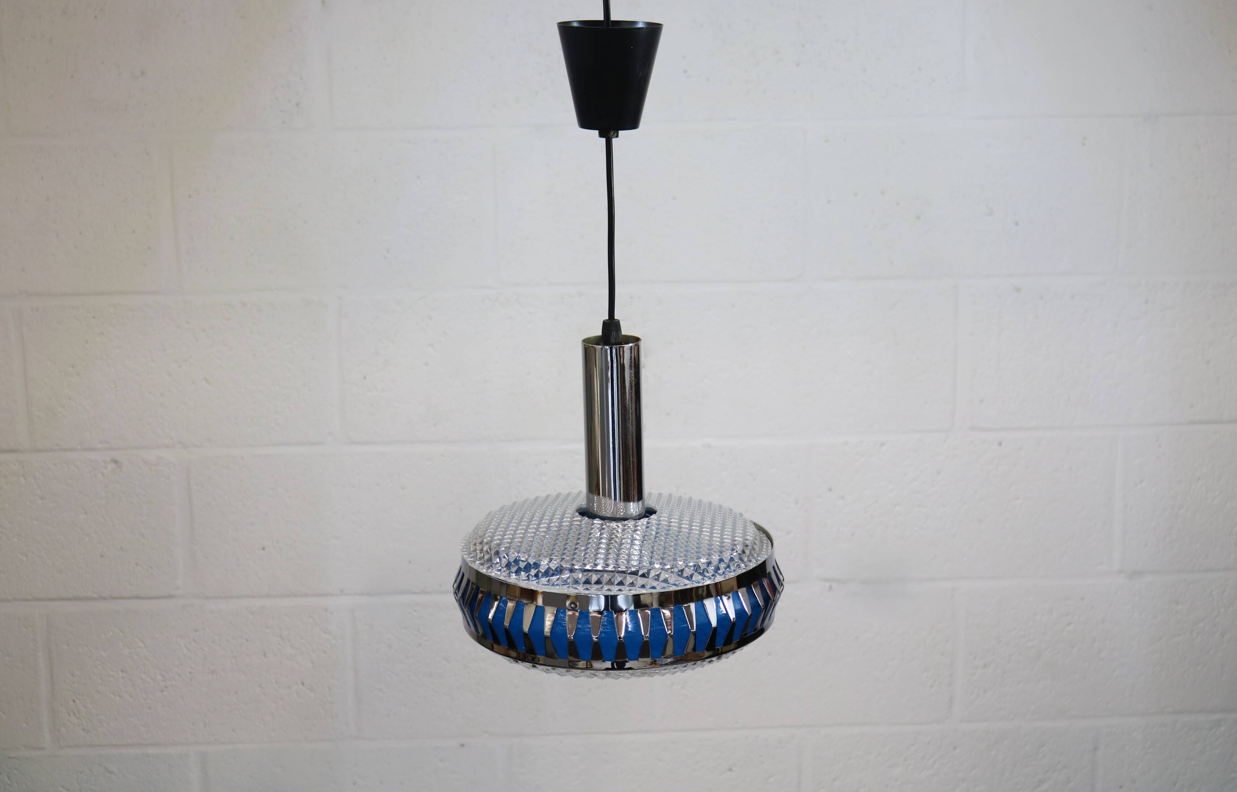Vintage Chrome & Blue Pendant Lamp - 1970s Massive Belgium Lighting