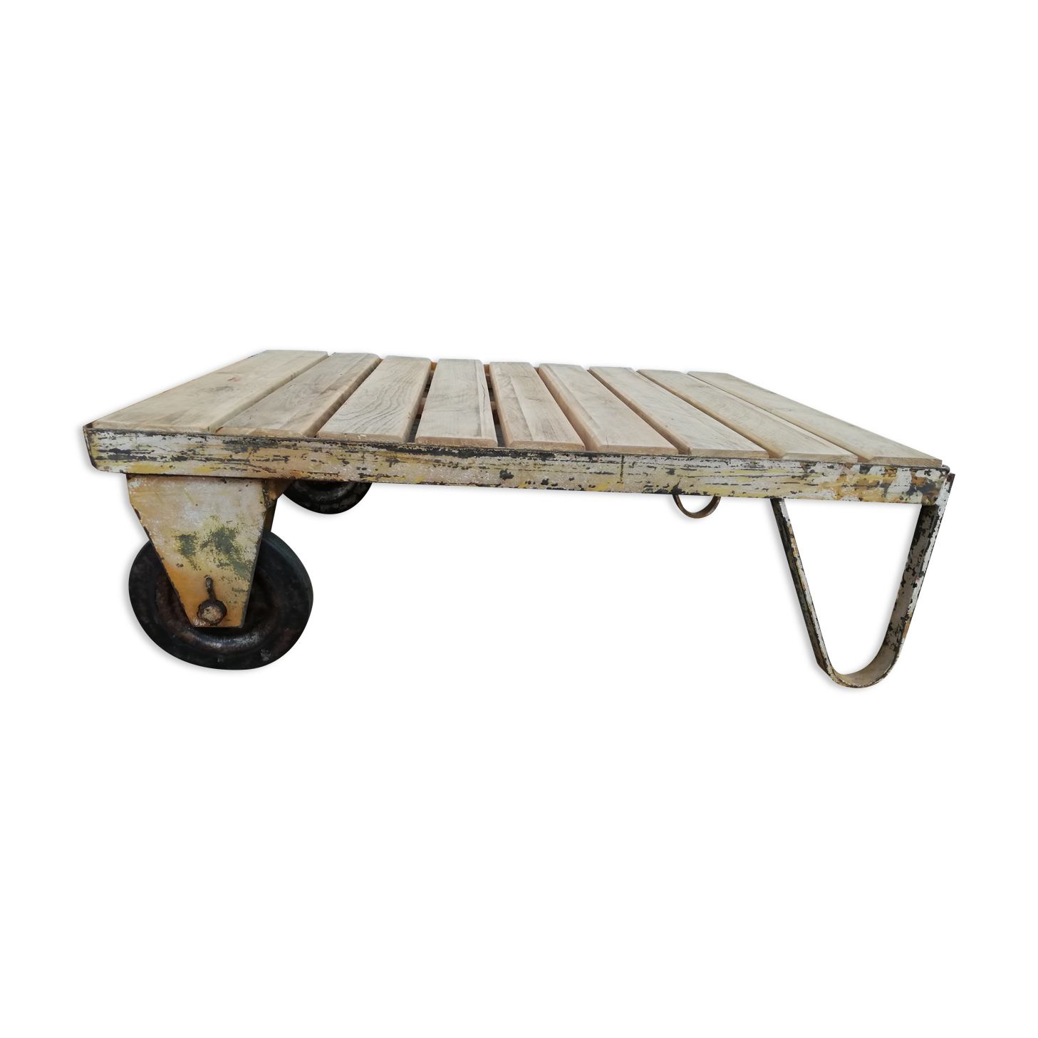 Wooden and metal coffee table, old industrial trolley
