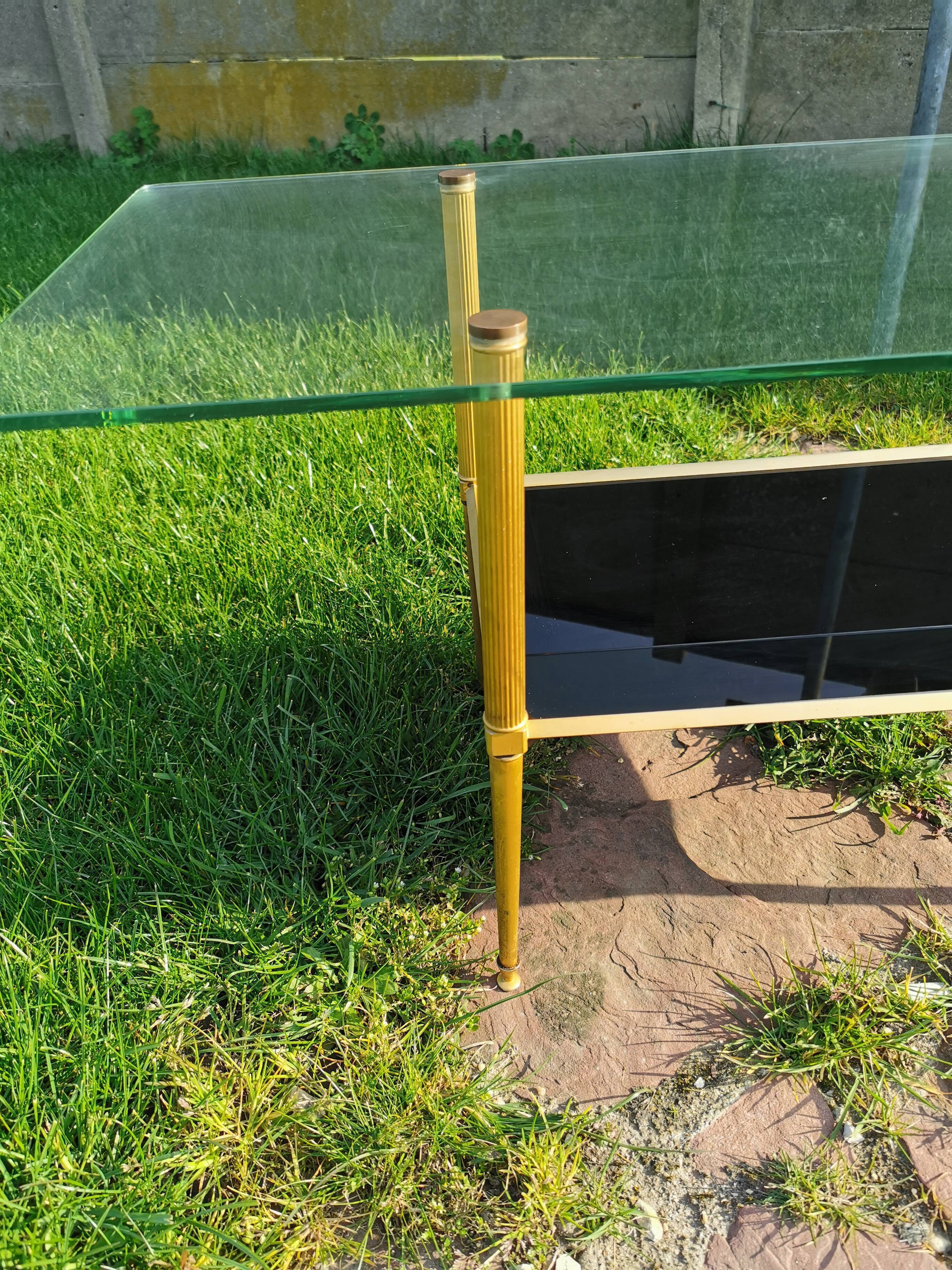 vintage coffee table, brass frame, glass and mirror tray, 50/60'S, 15 photos