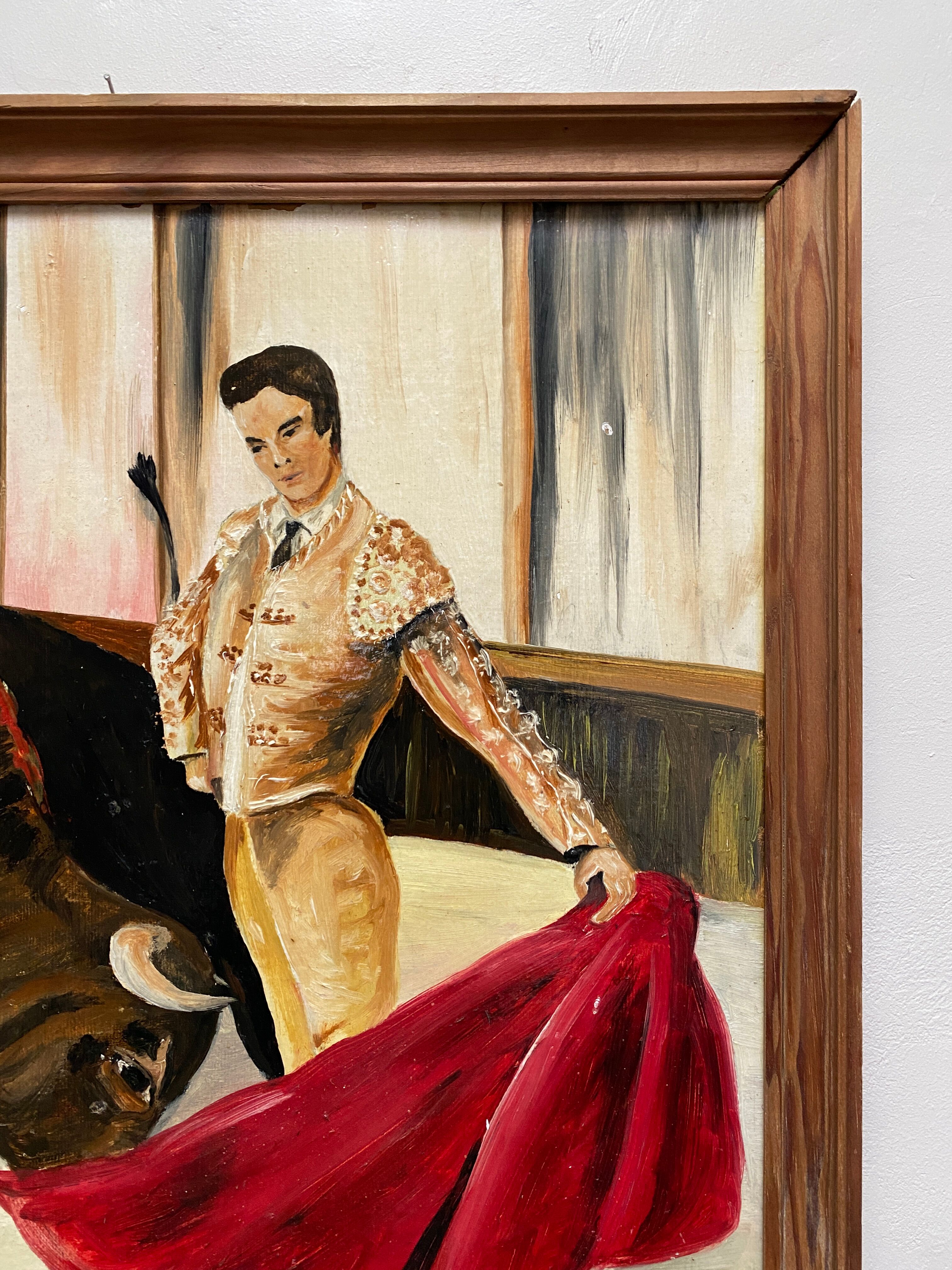 Oil on panel matador bullfighter and bull