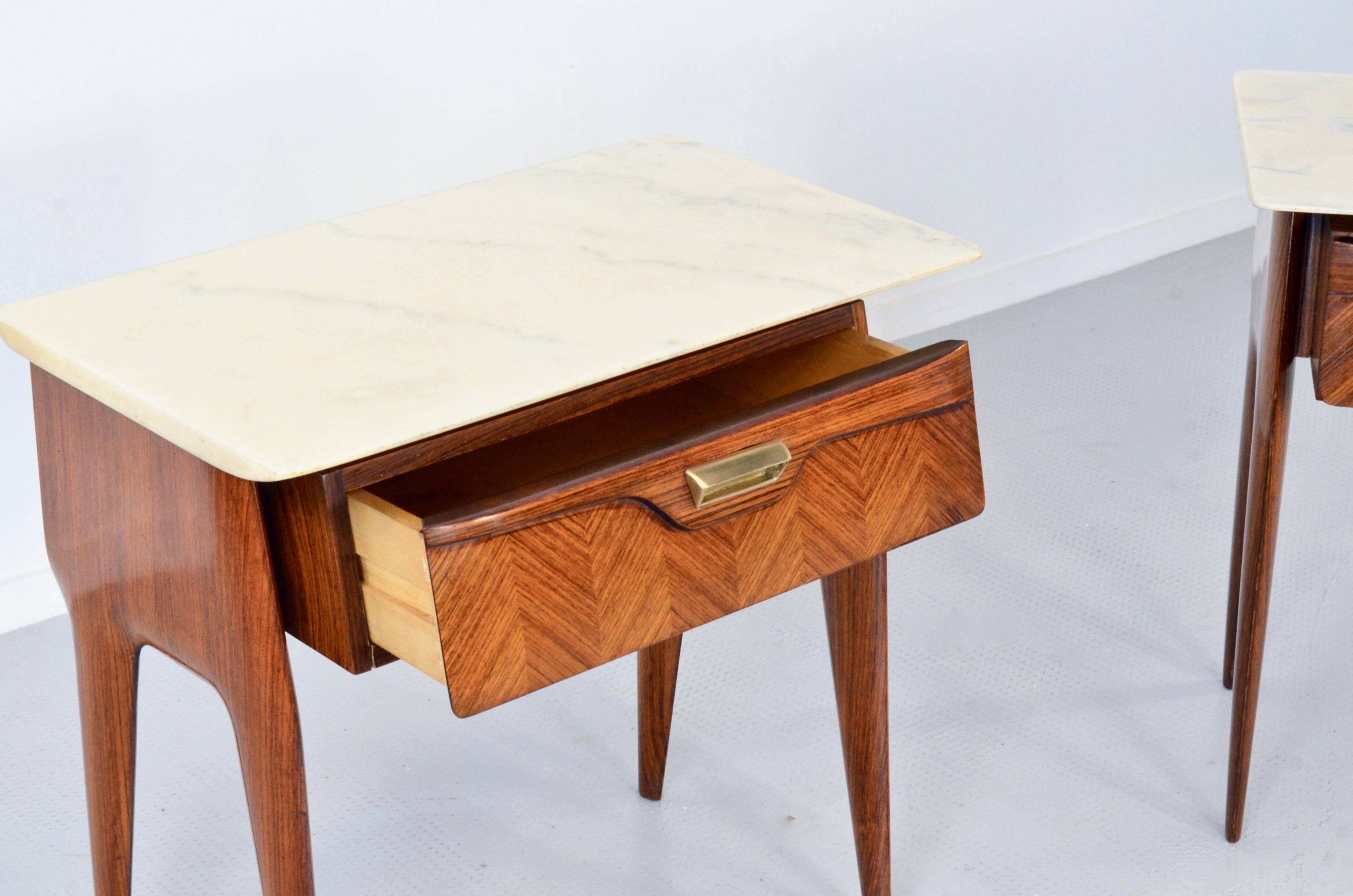 Set of 2 Italian Midcentury Rosewood and carrara bedsides tables