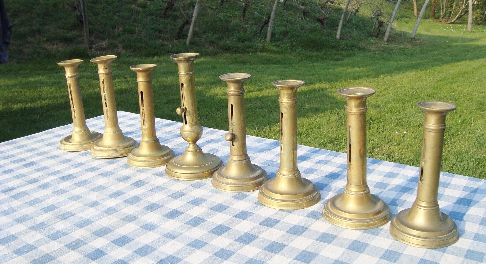 Set of 8 antique brass chandeliers