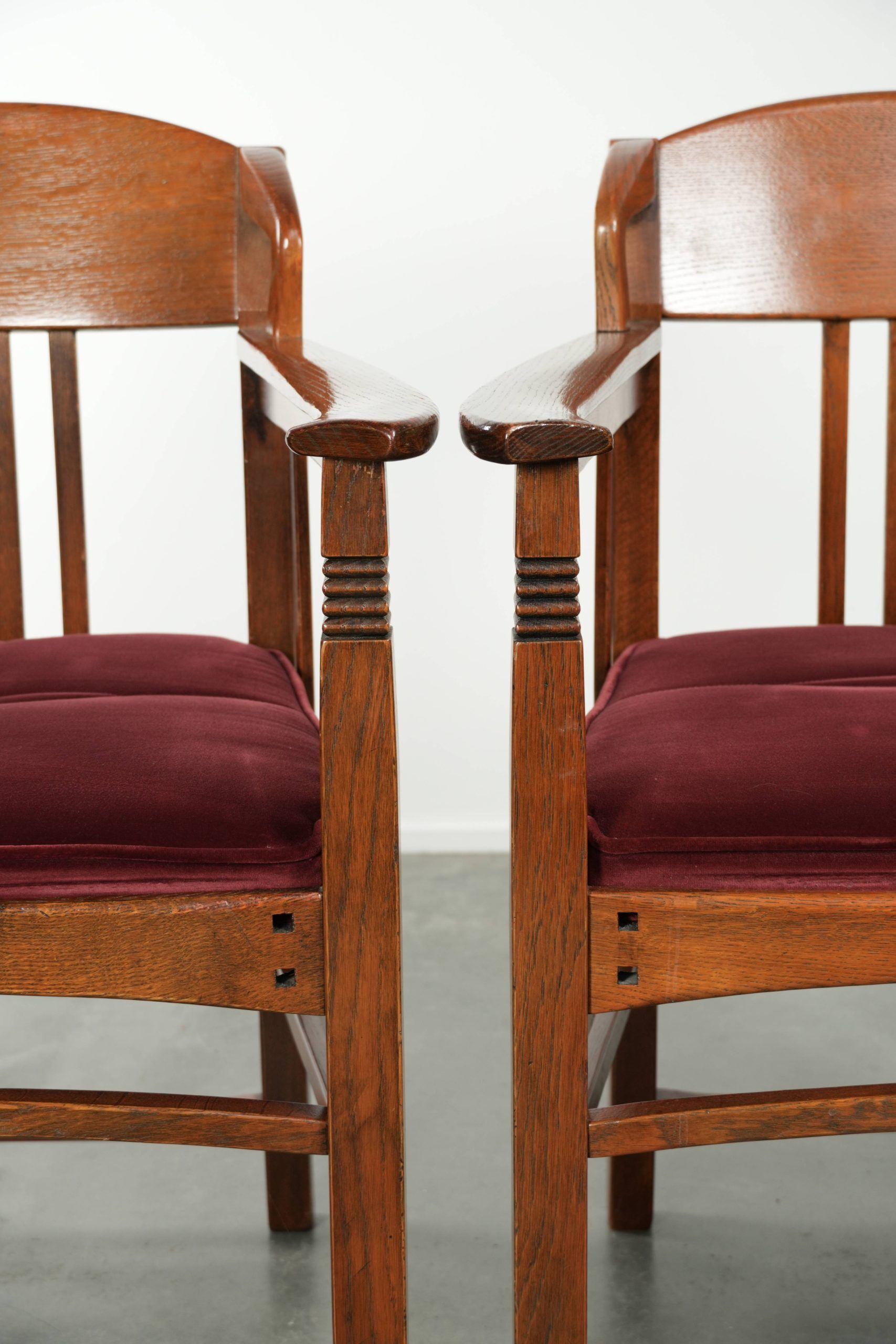 Set of two Art Nouveau design dining chairs with  red fabric upholstery