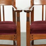 Set of two Art Nouveau design dining chairs with  red fabric upholstery