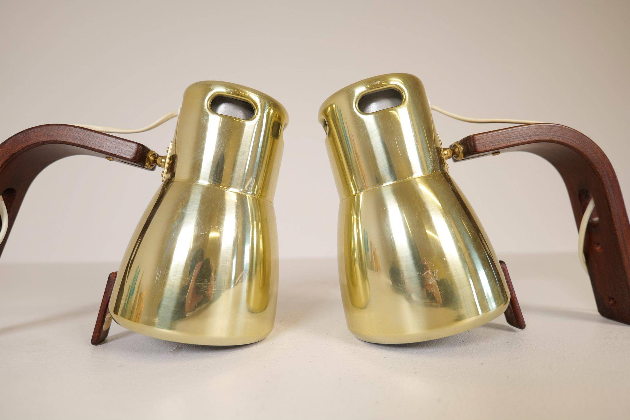 Hans-Agne Jakobsson Wall Lamps in Brass and Stained Wood, Sweden, 1970s