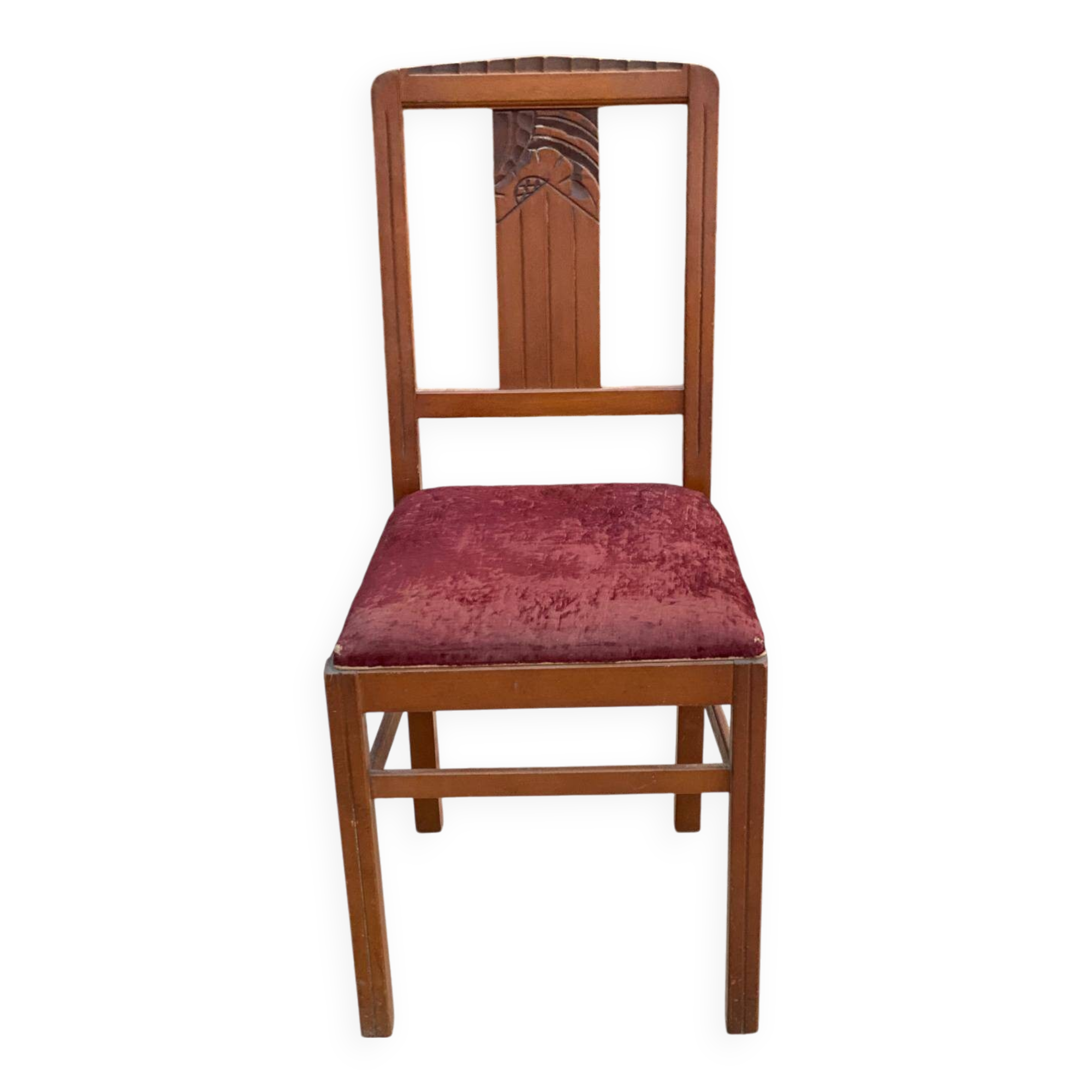 Art deco chair in solid wood and burgundy fabric