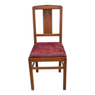 Chaise art déco bois massif et tissu bordeaux