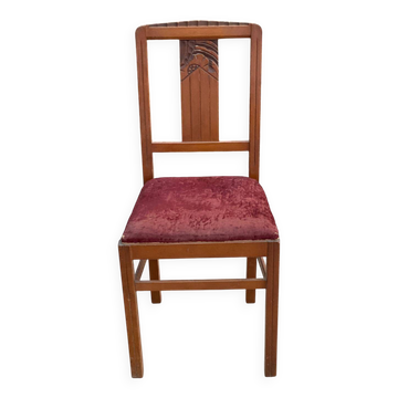 Art deco chair in solid wood and burgundy fabric