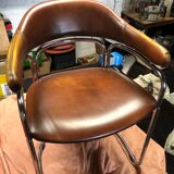 Pair of vintage armchairs, cognac leather and chrome steel 1970