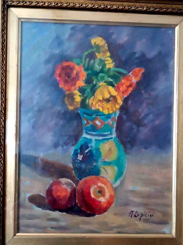 Still life painting vase with flowers by Lupicini - 1960s