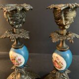 Pair of Napoleon III candlesticks in bronze and floral porcelain