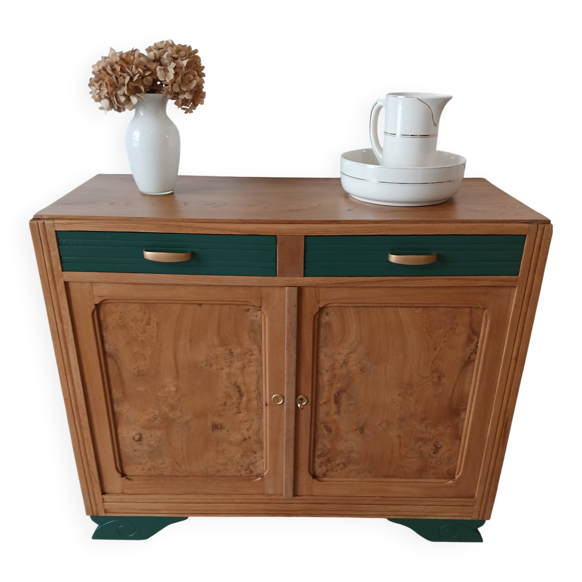 Buffet in elm burl, restyled in green and wood
