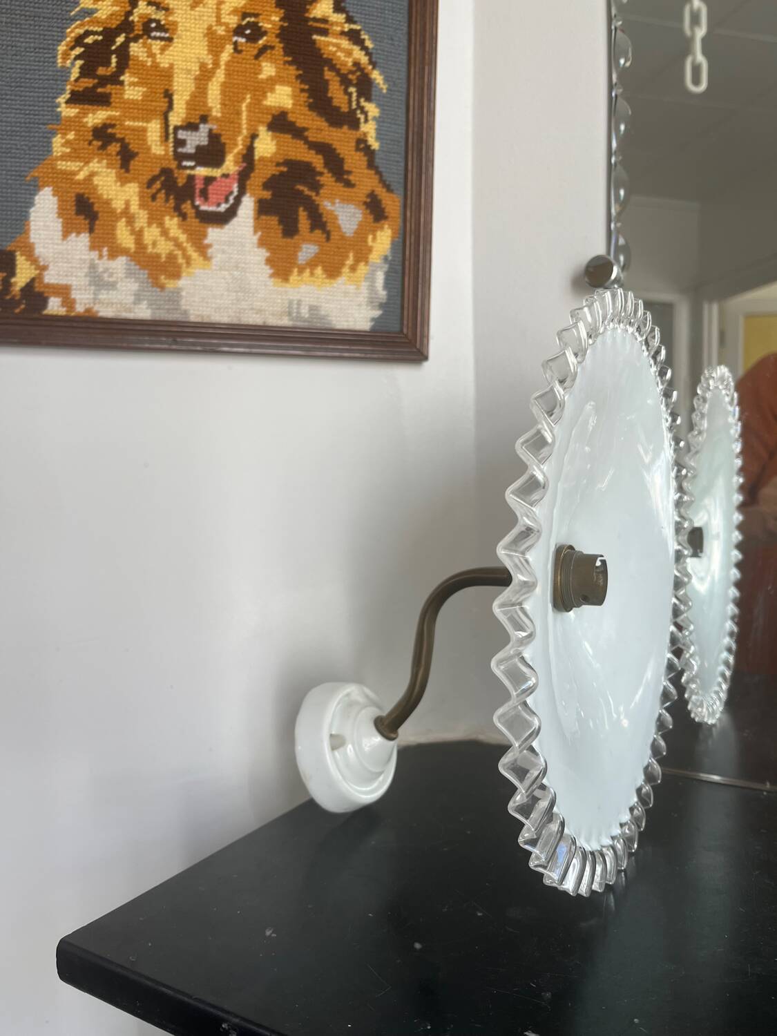 Antique white opaline wall light with a swan neck.