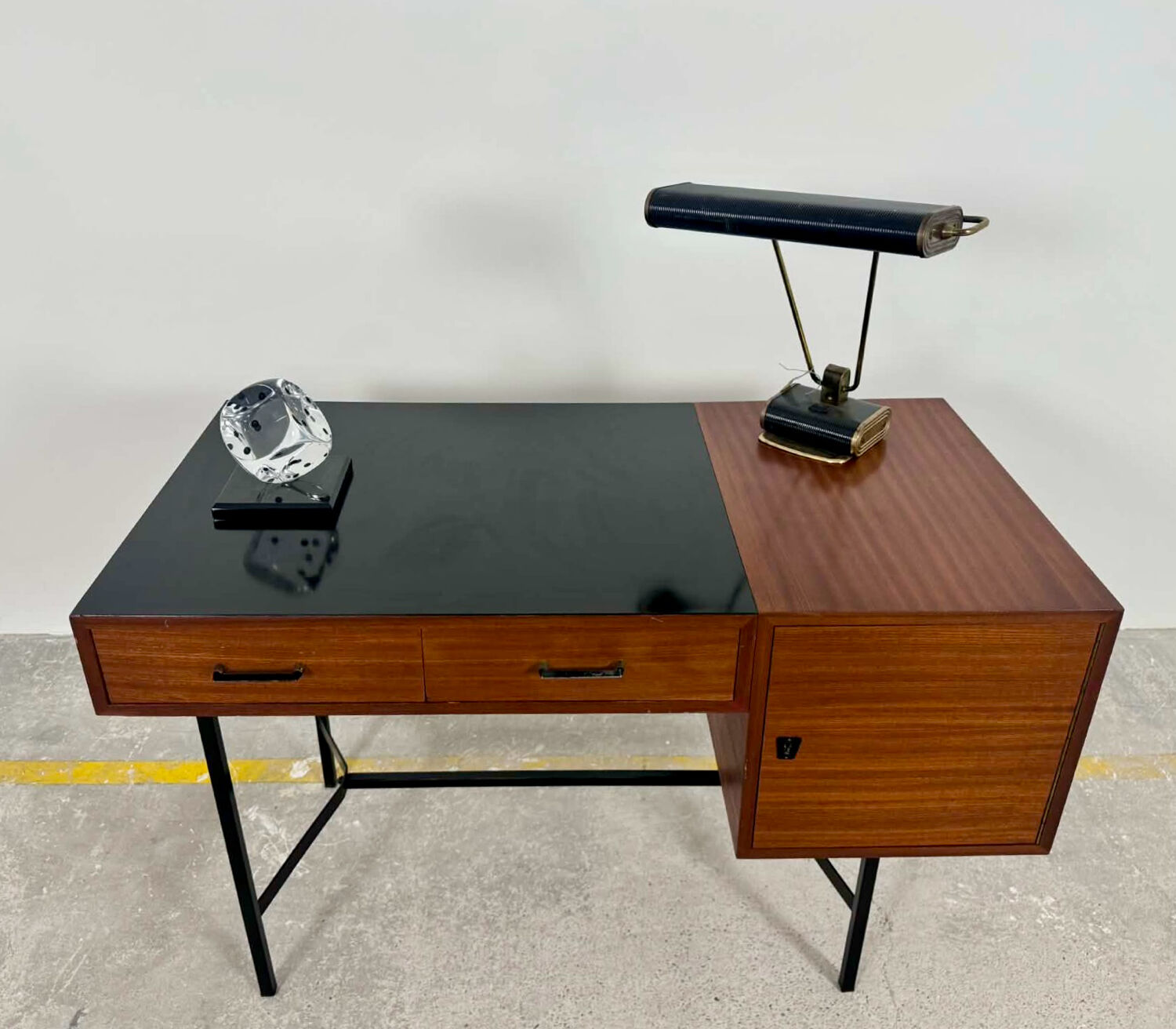 French modernist desk from the 1950s with 2 drawers, 1 cabinet, and 1 container.